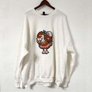 Gildan 3X White Crewneck Sweatshirt | Floral Turkey Embroidered Patch